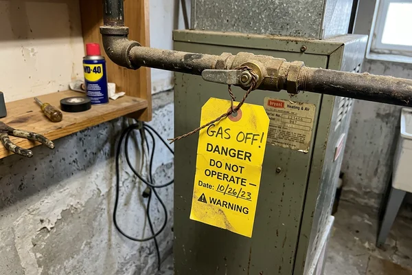 Enbridge red tag wired to the furnace gas shut-off valve in a North York detached home