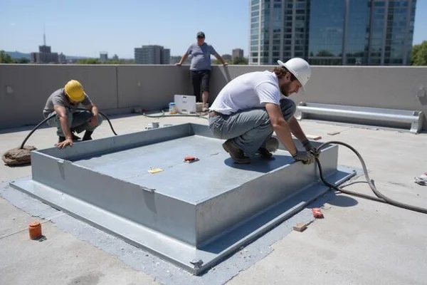 Custom steel curb adaptor installed on a commercial flat roof prior to new RTU placement in a Toronto crane project