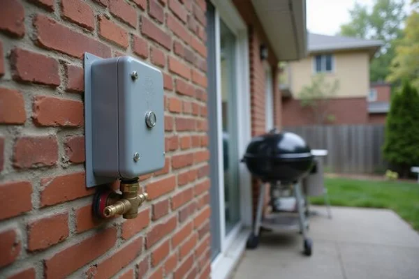 Exterior quick-disconnect gas valve box on the brick wall of a semi-detached Toronto home beside the backyard patio