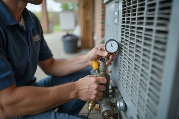 HVAC technician checking refrigerant gauges on a central air conditioner during a summer emergency in Scarborough