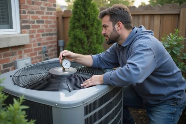 Technician checking refrigerant pressure on an AC condenser behind an Etobicoke semi-detached house during plan maintenance