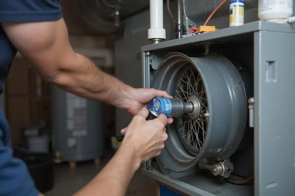 Technician cleaning a furnace blower motor and wheel during a fall tune-up in a North York detached home