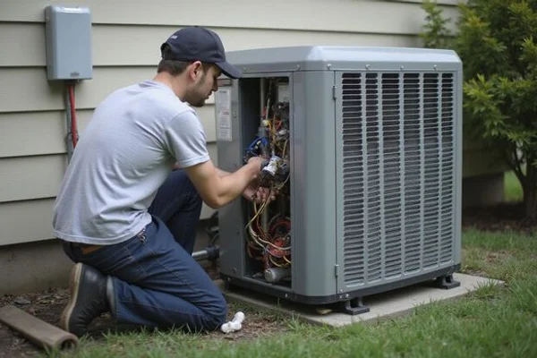 HVAC technician replacing a failed run capacitor on an AC condenser beside a Scarborough detached home