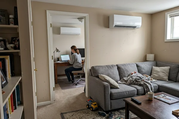 Multi-zone ductless system serving a finished basement and home office in an Etobicoke house