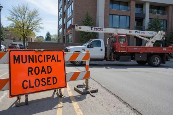 Municipal road closure signage and crane truck set up outside a Toronto commercial property for a rooftop unit replacement