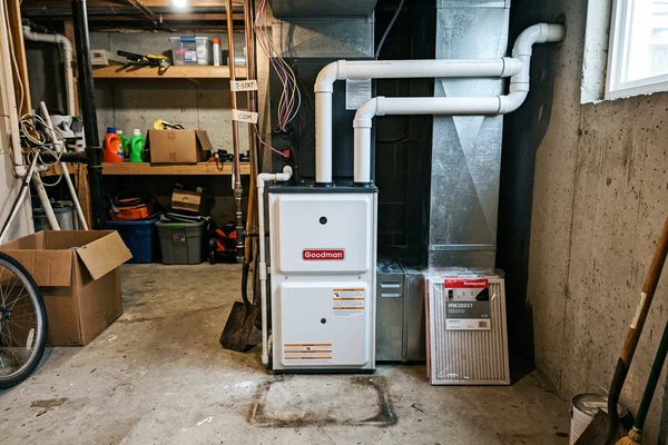 New high-efficiency condensing furnace with clean PVC venting after replacement in a Toronto semi-detached home