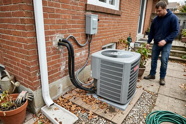 New central AC condenser on a level pad with neat line set and disconnect box at a GTA detached home