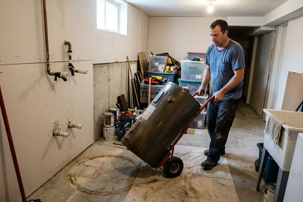 Old tank water heater removed from a cramped North York basement corner before a tankless conversion