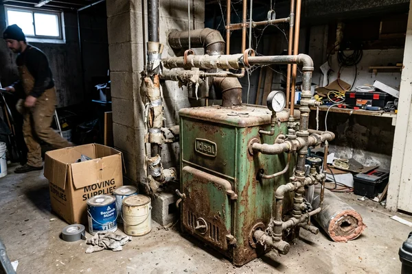 Old cast iron sectional boiler with a rusted jacket before replacement in a North York side-split