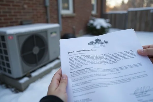 Ontario HRS rebate approval letter beside a new heat pump outdoor unit at a Scarborough semi-detached home