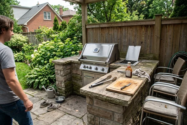 Outdoor kitchen in a GTA backyard with a built-in grill on a concealed natural gas line