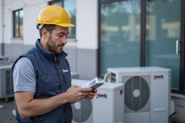 Property manager reviewing RTU service report beside York Sunline rooftop units on a Toronto commercial building