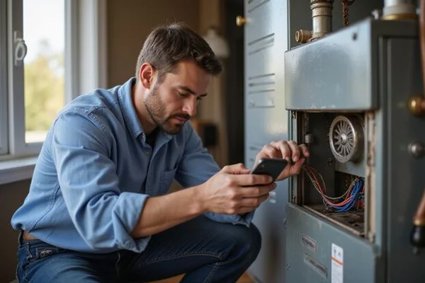 Technician cleaning the blower wheel during an annual furnace tune-up in a North York detached home
