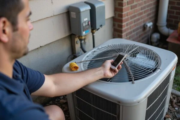 Technician cleaning condenser coil fins on an outdoor AC unit beside a GTA semi-detached home during spring maintenance