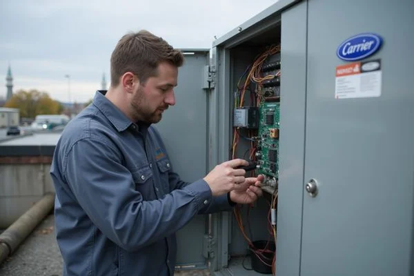 Technician inspecting Carrier WeatherMaker RTU circuit board and controls on a Toronto commercial rooftop