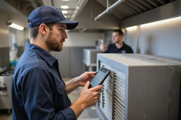 Technician measuring airflow CFM with capture hood beside a commercial kitchen makeup air supply diffuser in Toronto