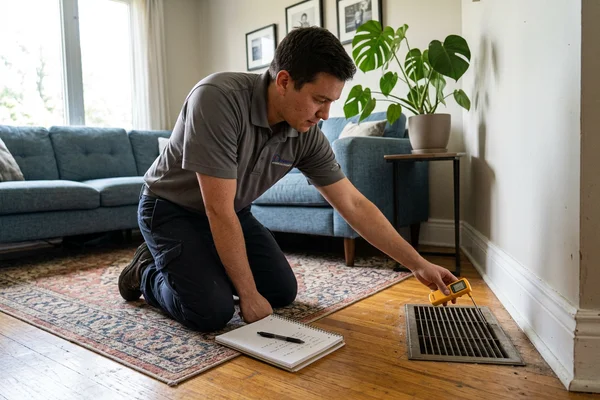 Technician measuring supply air temperature at a register during AC commissioning in a Toronto home