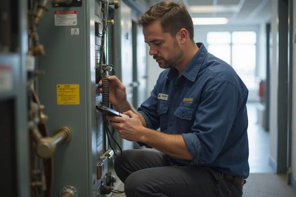 Technician replacing filters and belts during a scheduled quarterly commercial HVAC preventative maintenance visit