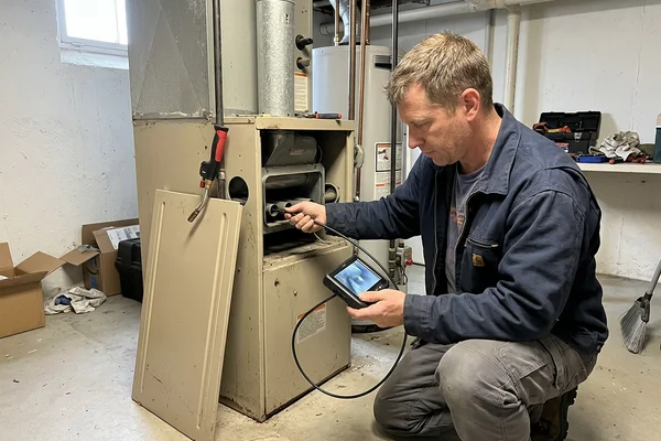 Technician scoping a furnace heat exchanger with a borescope camera during a Toronto red tag inspection