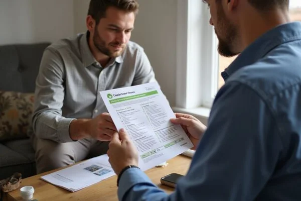 North York homeowner reviewing a Canada Greener Homes heat pump eligibility checklist with an HVAC technician