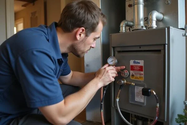 TSSA-certified technician checking furnace gas pressure with a manometer in an Etobicoke bungalow basement