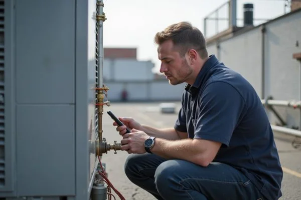 TSSA-certified technician completing gas piping connection and commissioning sign-off after a commercial RTU replacement on a Toronto rooftop
