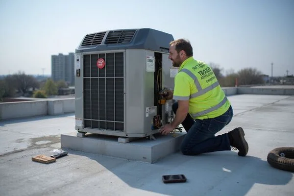 TSSA-certified technician replacing compressor in a Trane Voyager rooftop unit on a flat commercial roof