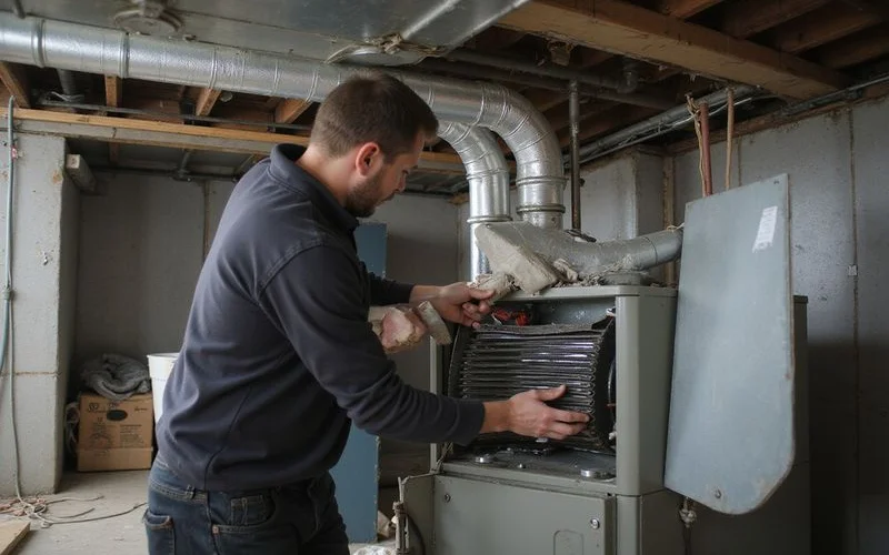 Technician cleaning evaporator coil fins in a basement air handler during an AC tune-up at a North York detached home