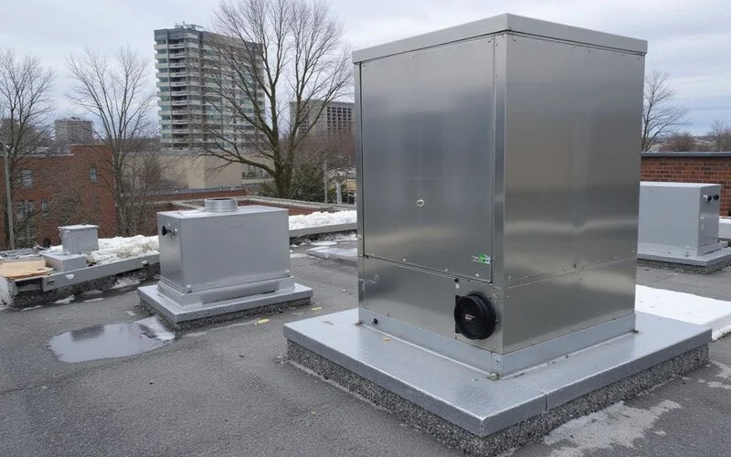 Restaurant rooftop showing a gas-fired makeup air unit with roof curb mounting, combustion air intake, and gas supply connection in Toronto commercial building context