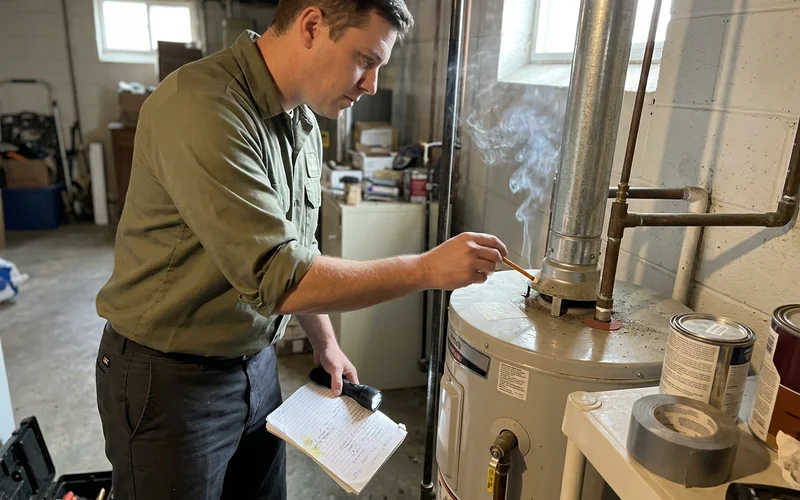 Technician draft-testing a gas water heater flue with a smoke pencil in a North York bungalow basement