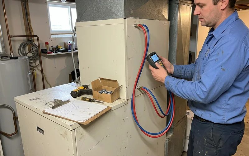 Technician measuring static pressure on a furnace air handler in a North York semi-detached home before a filter upgrade