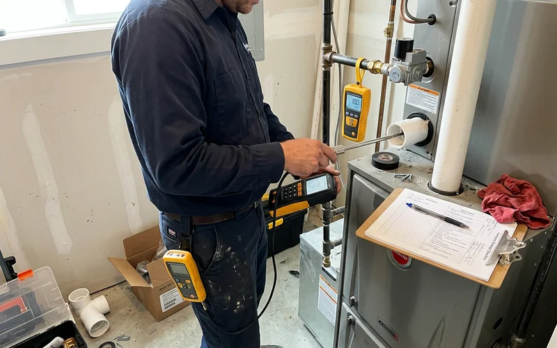 Technician running a combustion analysis on a new high-efficiency furnace in a North York home, reading gas pressure