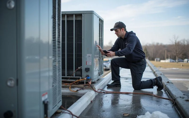Technician performing scheduled coil washing on commercial rooftop unit during quarterly preventative maintenance visit in Toronto