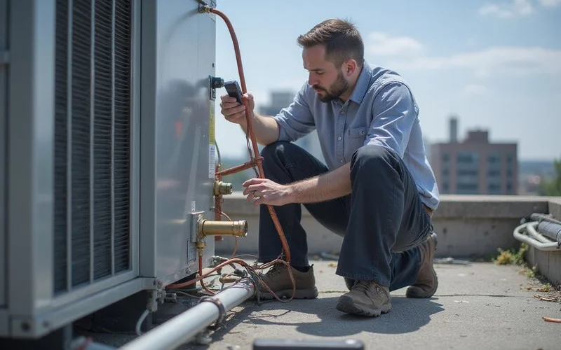 Technician performing symptom-based RTU diagnosis on a Lennox Landmark rooftop unit at a Toronto commercial property