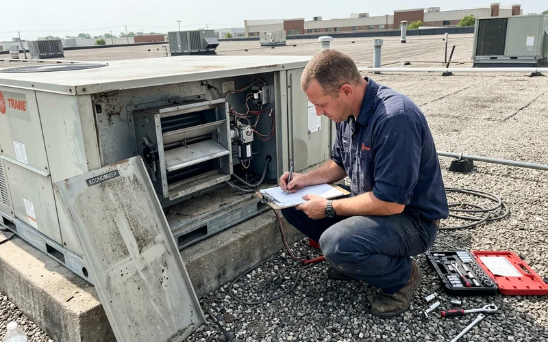 Technician recording economizer damper and enthalpy sensor readings during a rooftop unit maintenance visit in Toronto