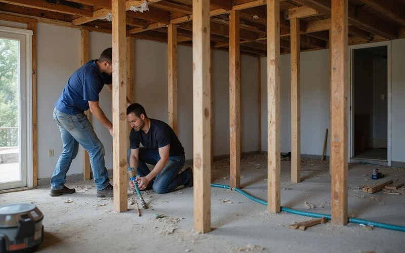 TSSA-certified technician routing natural gas tubing through basement joists toward a backyard BBQ connection in a Toronto home