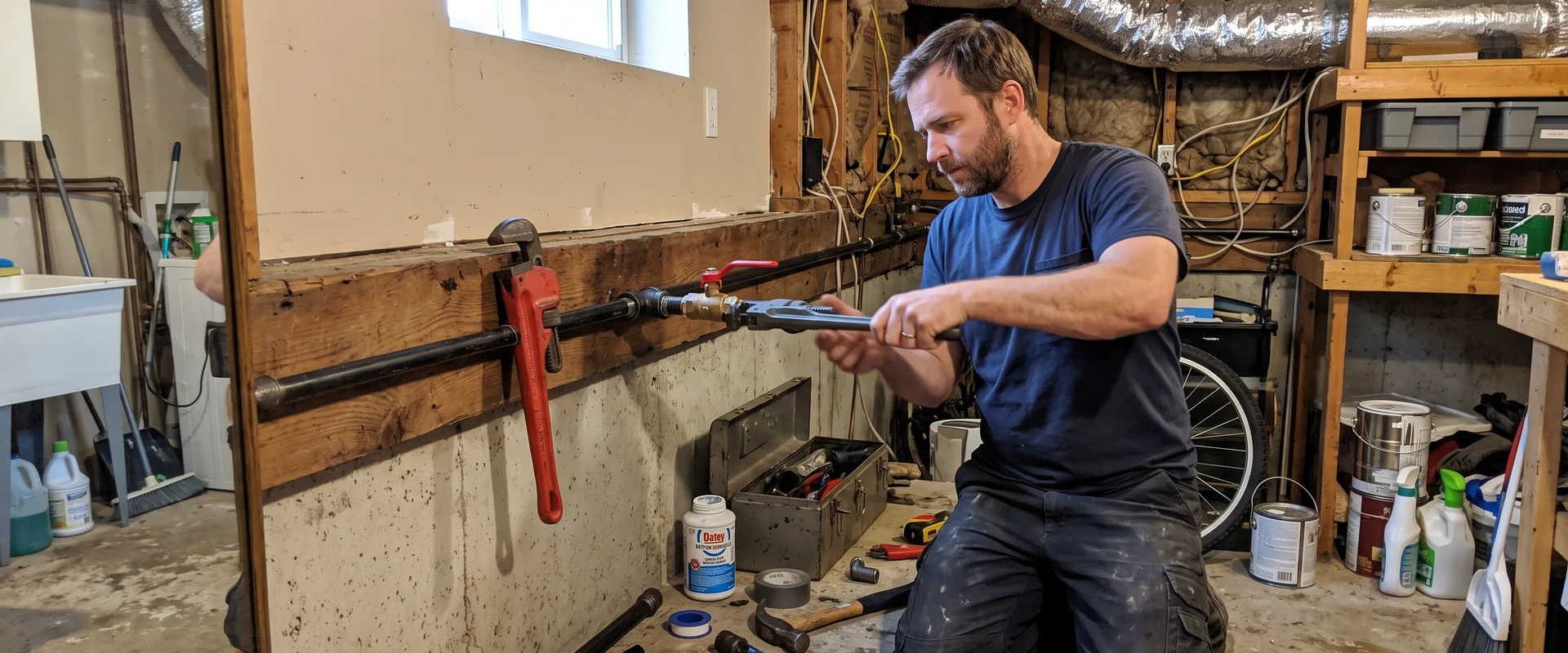 Best HVAC Toronto gas technician installing a black iron gas line with a shut-off valve in a Toronto basement