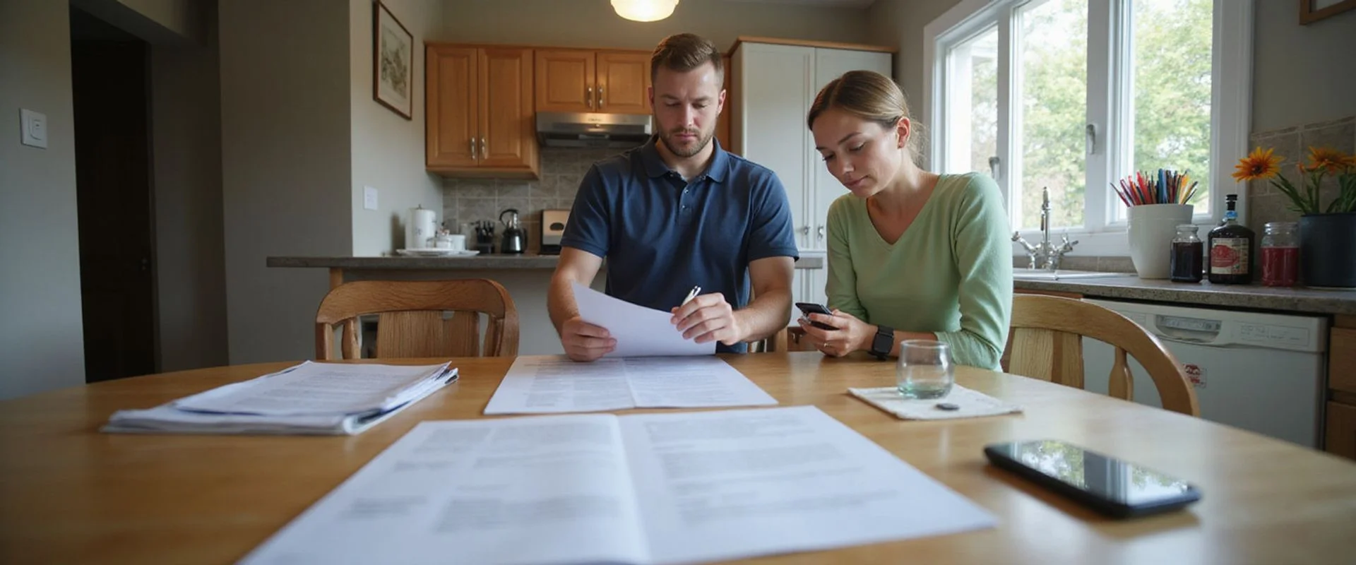 Best HVAC Toronto technician completing Ontario heat pump rebate forms with a homeowner at a Toronto kitchen table