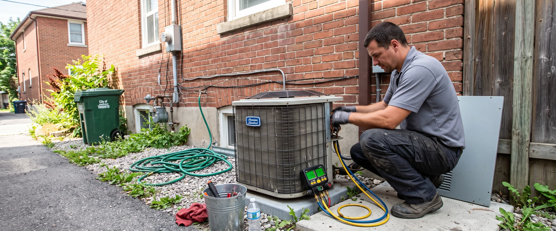 Best HVAC Toronto technician checking refrigerant gauges at an outdoor AC condenser beside a Toronto home
