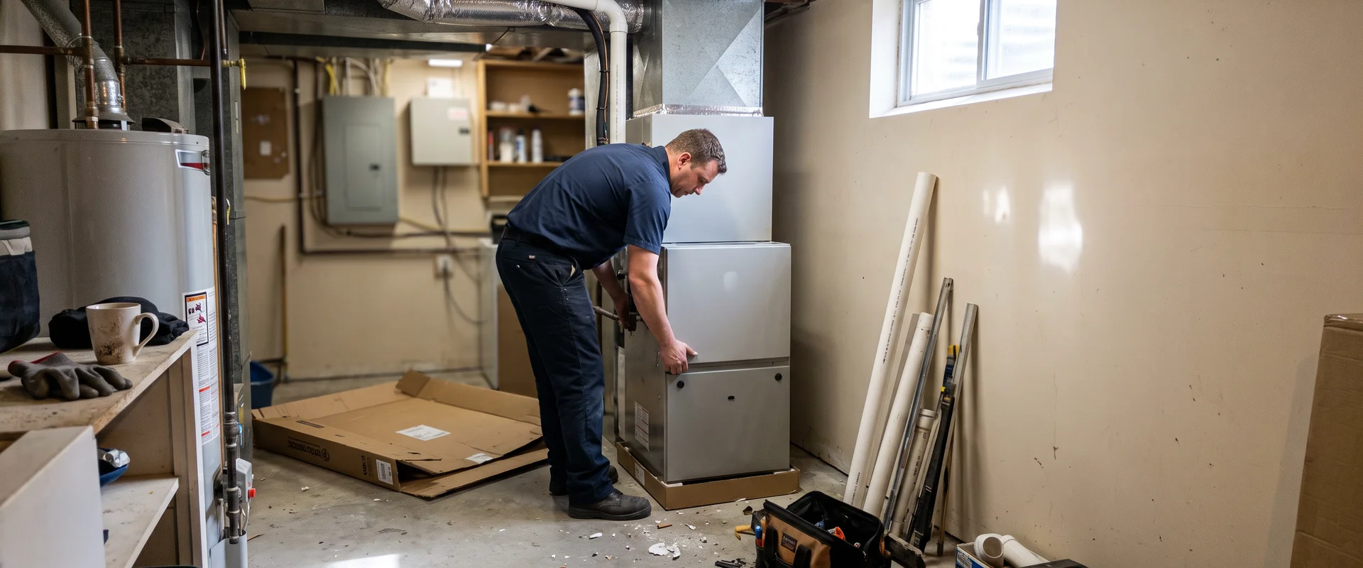 Best HVAC Toronto technician installing a high-efficiency condensing furnace in a Toronto basement mechanical room