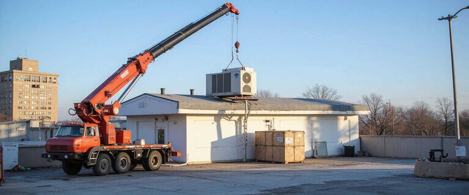 Mobile crane lifting a commercial rooftop unit off a flat roof on a Toronto commercial building during a single-day RTU replacement project