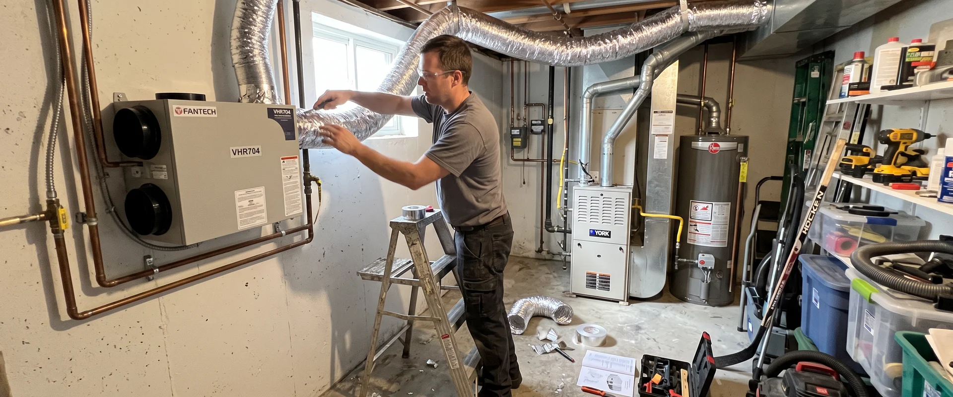 Best HVAC Toronto technician installing a heat recovery ventilator with insulated ducting in a Toronto basement