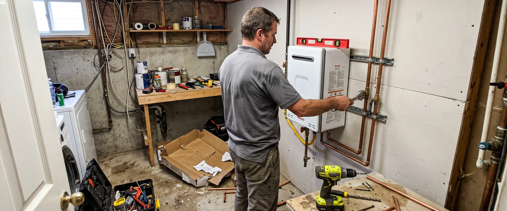 Best HVAC Toronto technician installing a wall-mounted condensing tankless water heater in a Toronto basement