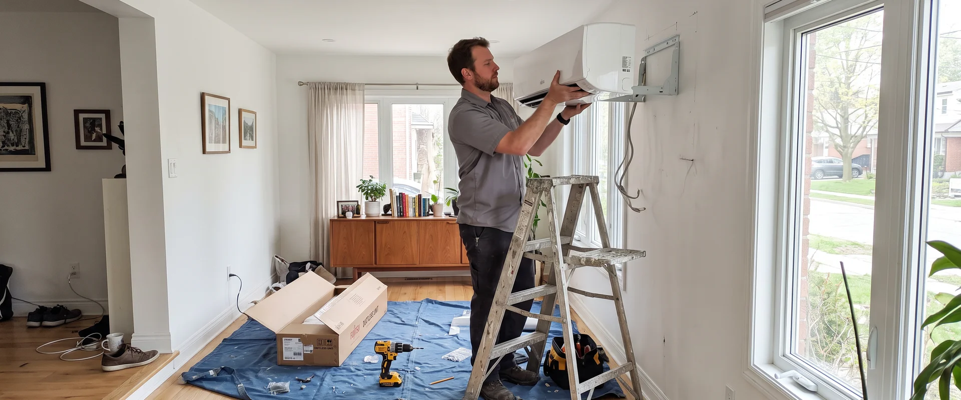 Best HVAC Toronto technician mounting a ductless mini-split indoor head on the wall of a Toronto home addition