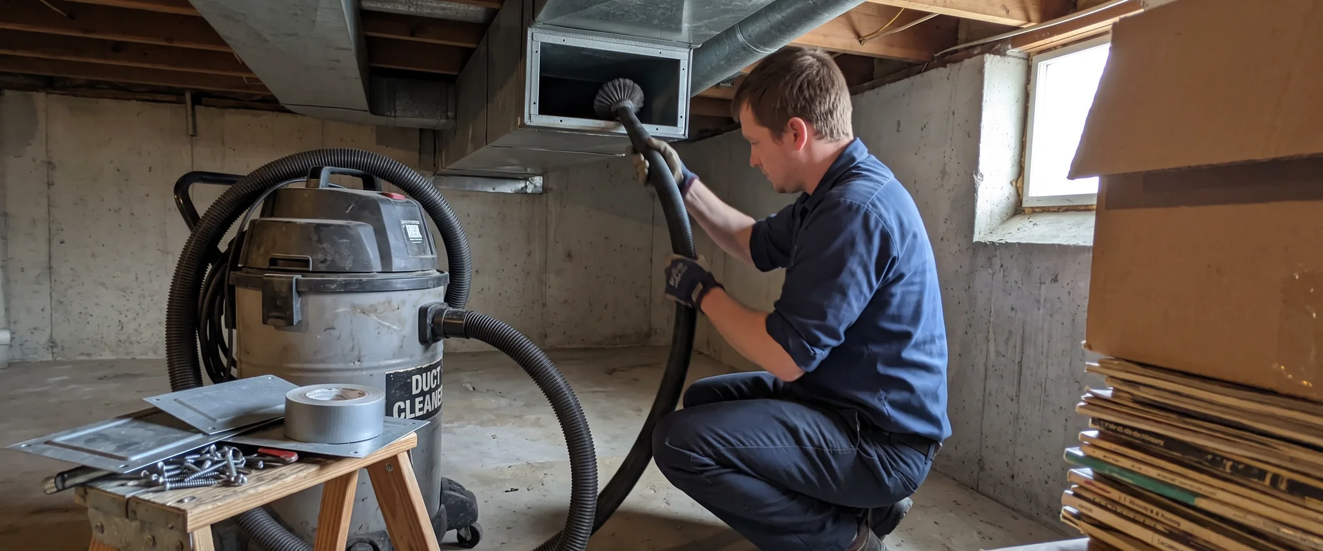 Best HVAC Toronto technician cleaning a home supply duct with a rotary brush and vacuum hose