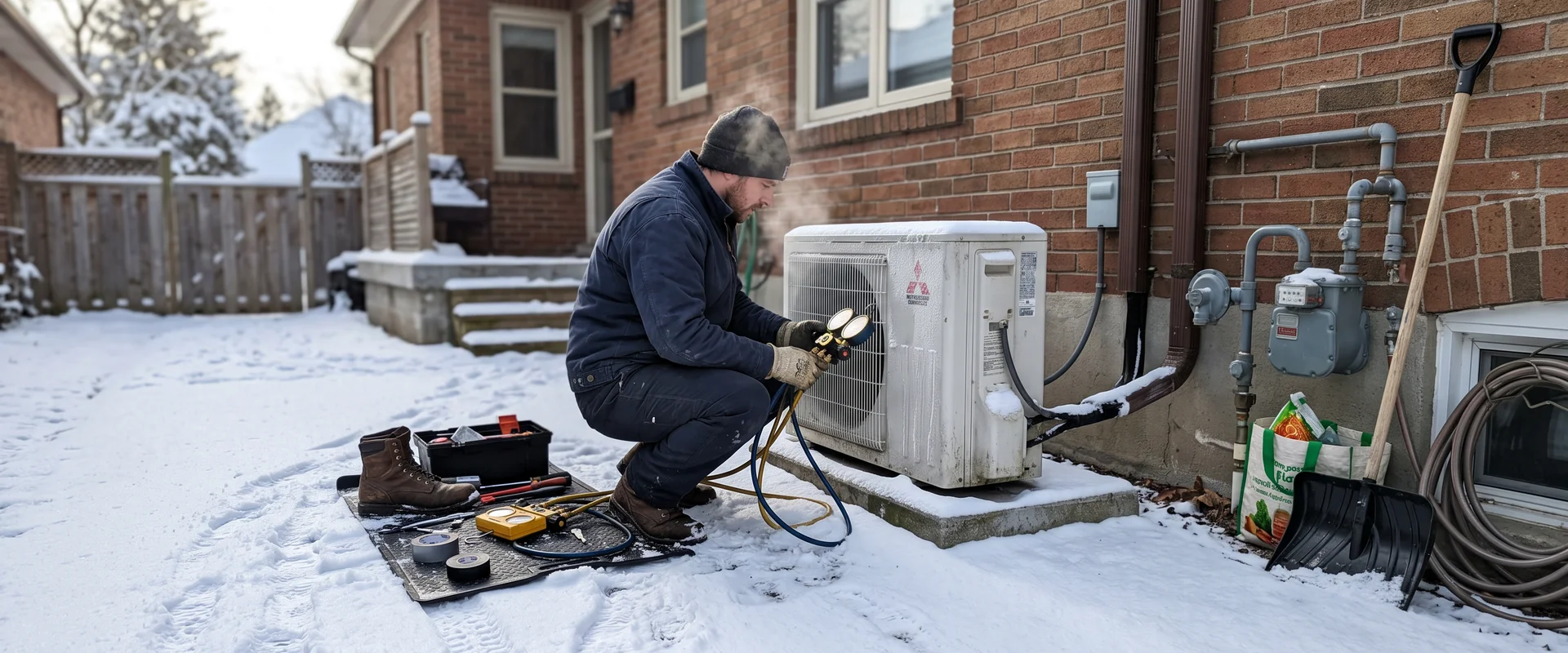 Best HVAC Toronto technician commissioning a cold-climate heat pump outdoor unit beside a Toronto home in winter