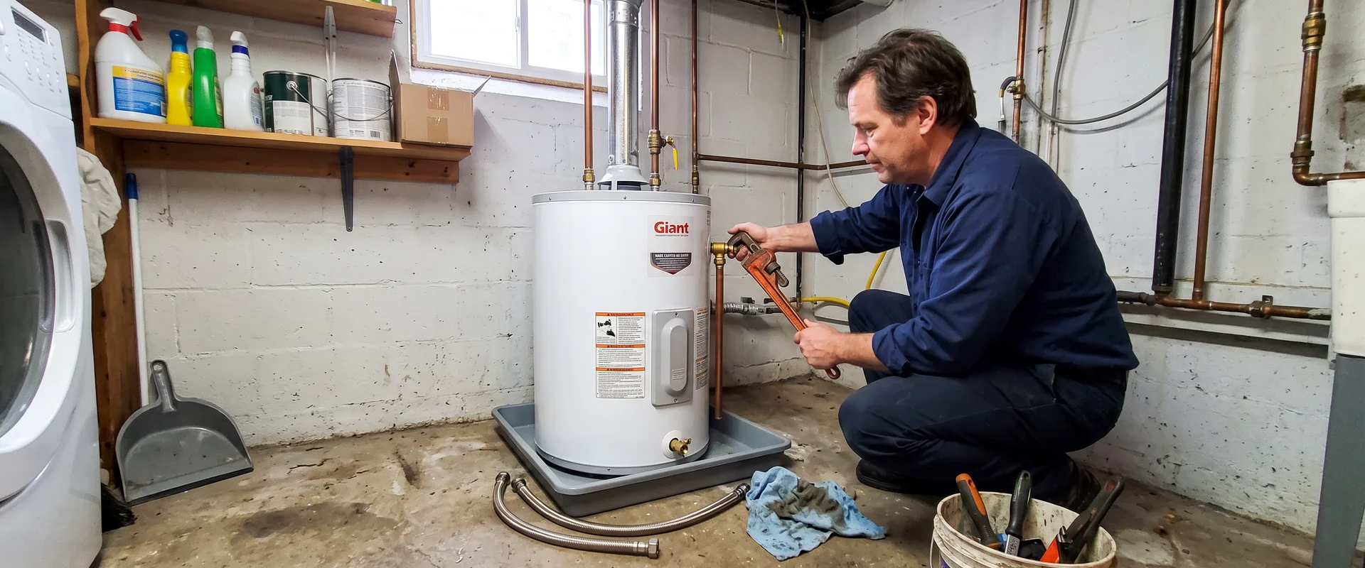 Best HVAC Toronto technician connecting water lines on a new gas hot water tank in a Toronto basement
