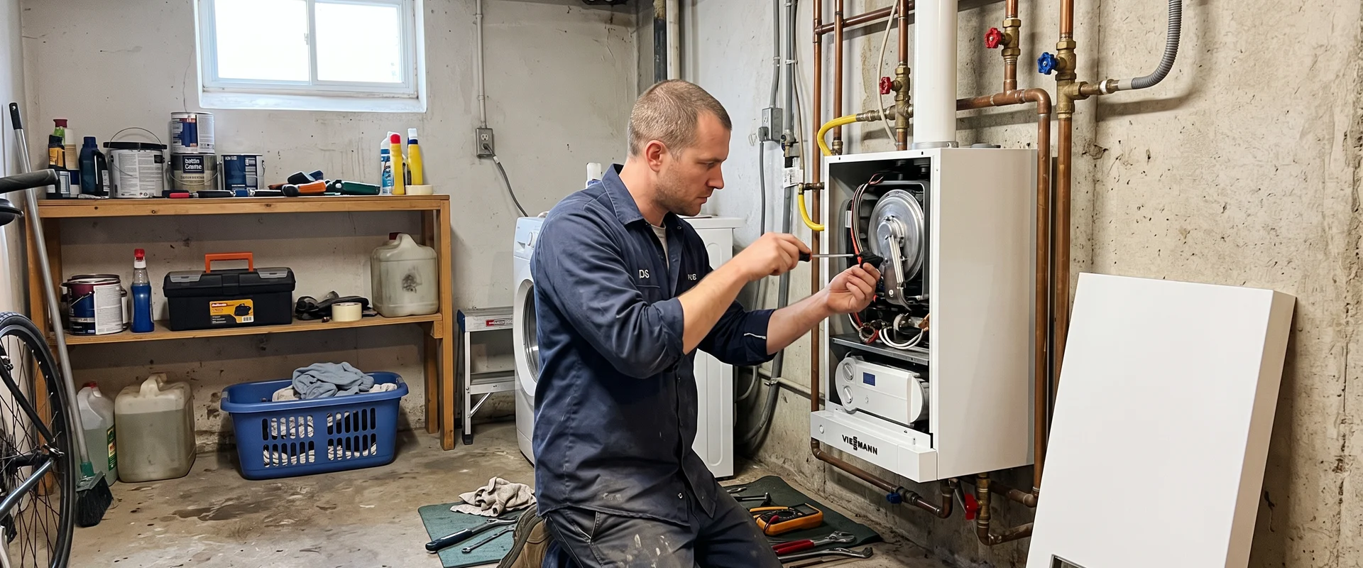 Best HVAC Toronto technician servicing a wall-mounted condensing combi boiler in a Toronto basement utility room