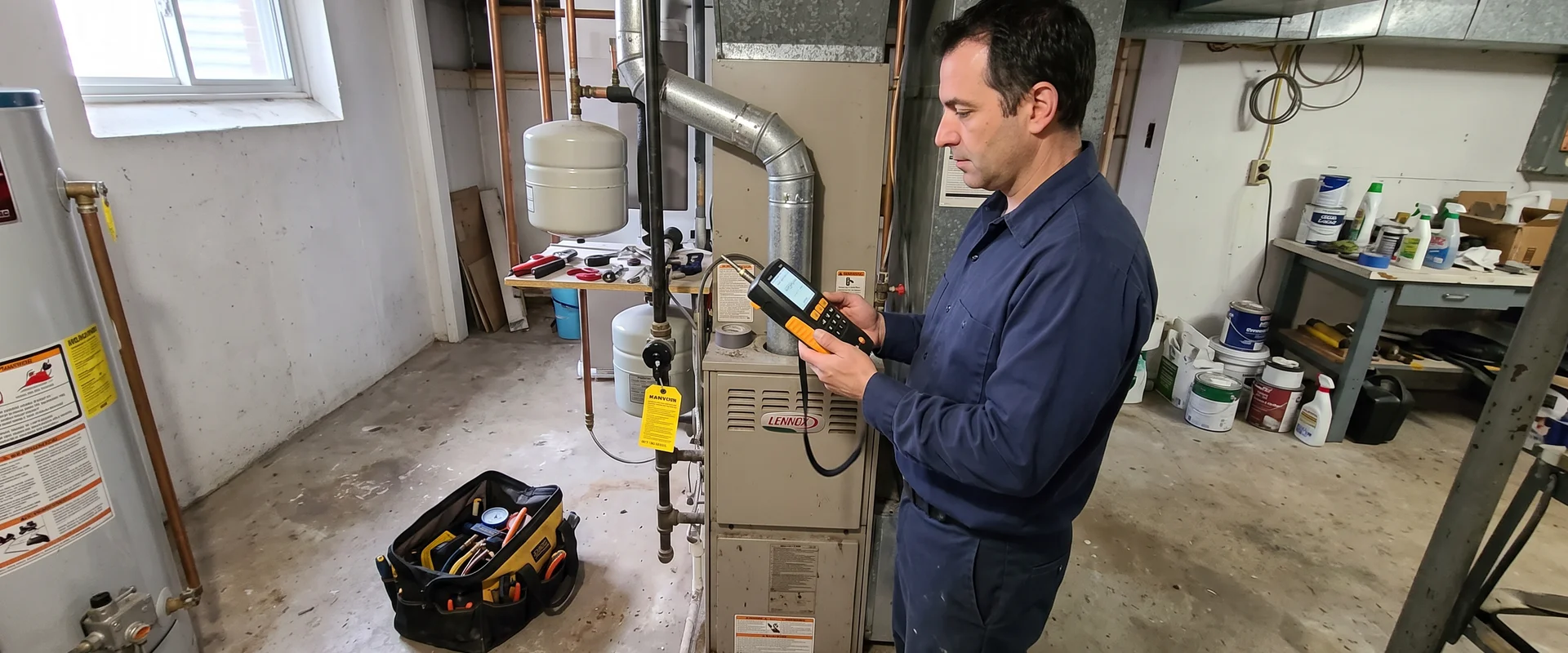 Best HVAC Toronto G1/G2 gas technician testing a red-tagged furnace with a combustion analyzer in a Toronto basement