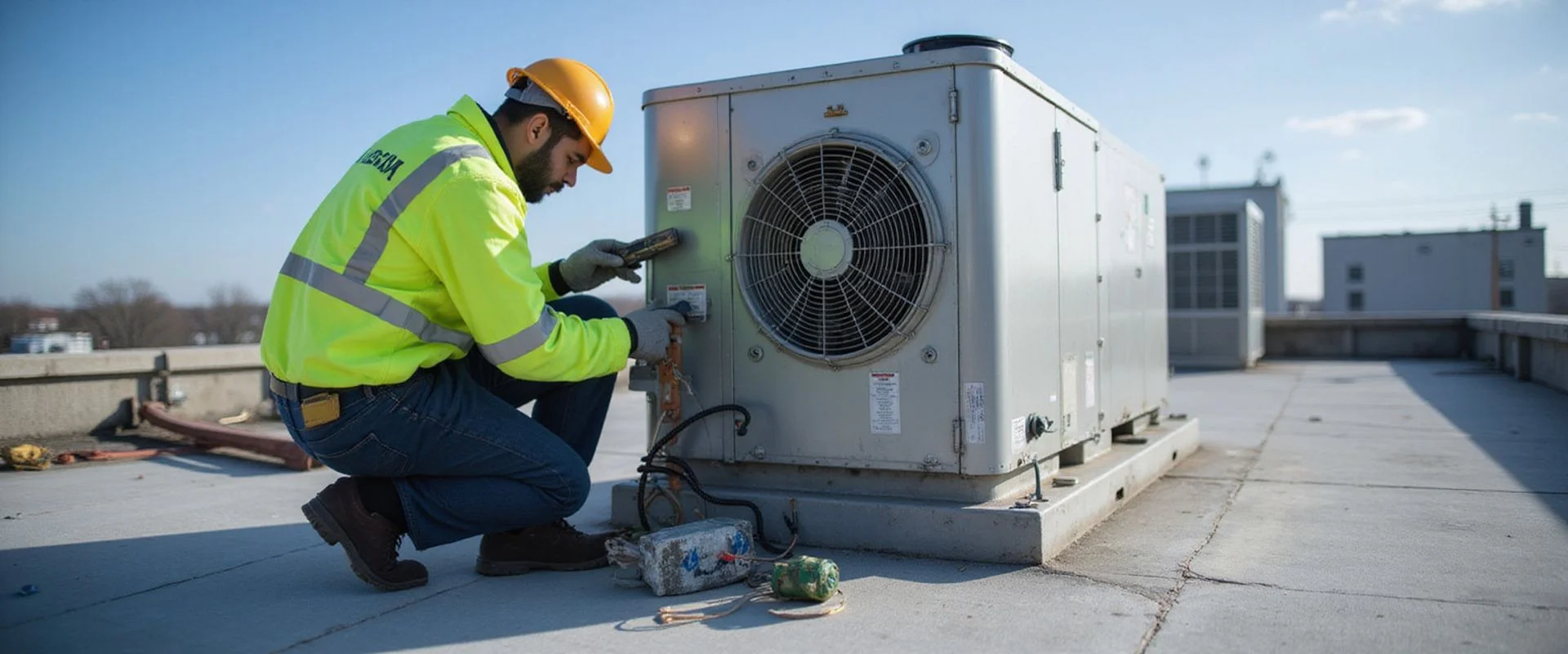 TSSA-certified technician conducting quarterly preventative maintenance on a commercial rooftop unit in Toronto
